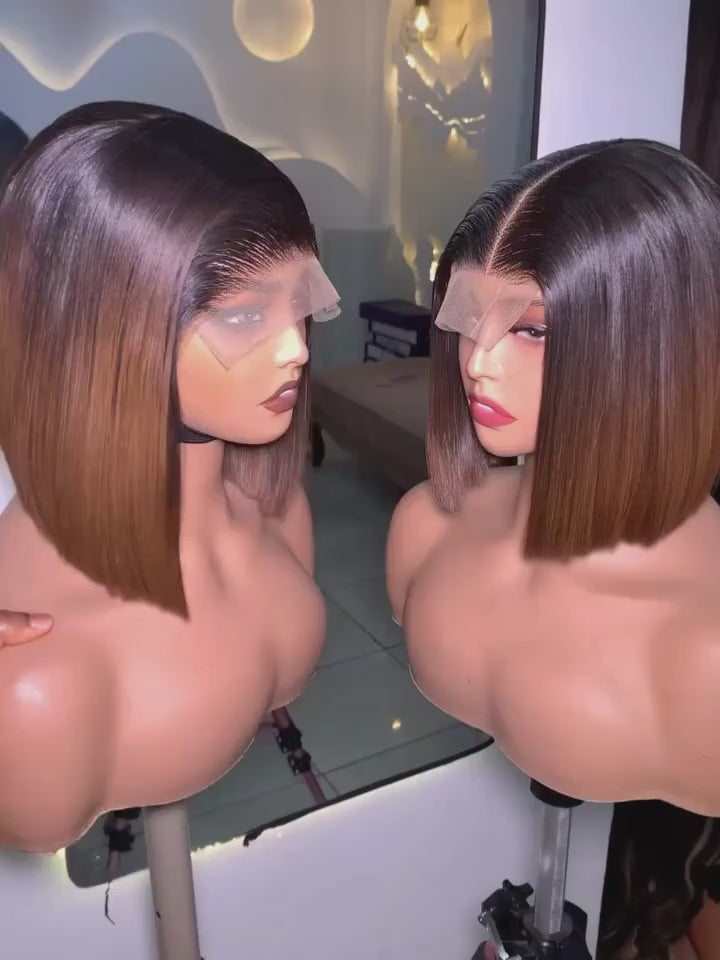 13x4 lace bob double drawn bone straight ombre brown color  250% 14 inch